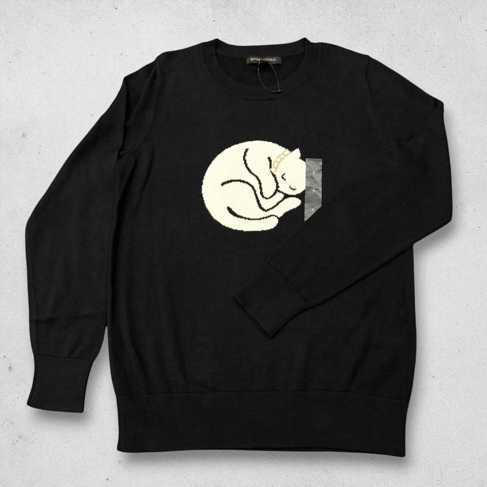 Banana Republic Cat Sweater Womens Small Black Ivory Gold Knit Crewneck Pullover